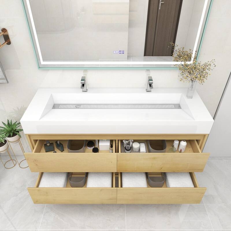 Victoria 60" Wall Mounted Modern Vanity with Double Acrylic Sink