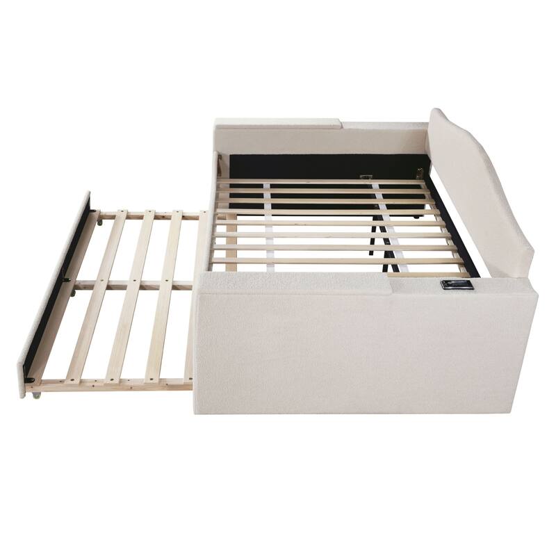 Sofa bed with storage arms, trundle bed and Bluetooth stereo