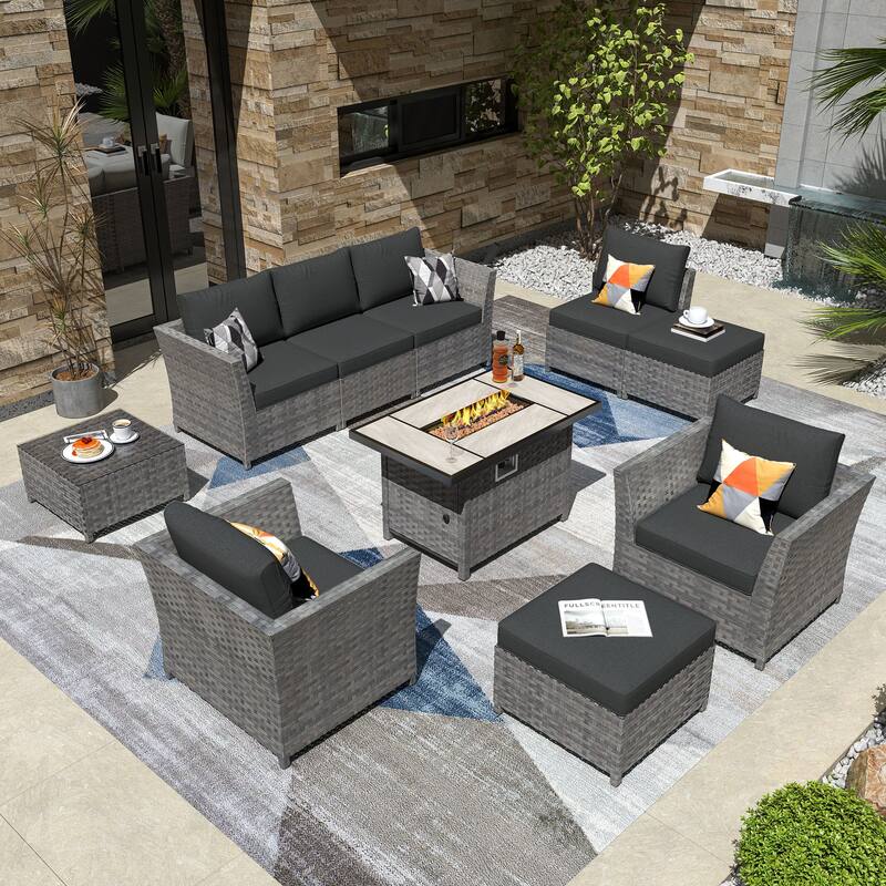 HOOOWOOO 10-piece Outdoor Furniture Rattan Sectional Set with Fire Pit Table. - Black
