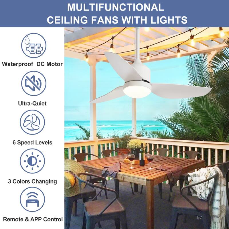 Outdoor Ceiling Fan with Light: 42-52 Inch Hanging - Plug in Waterproof Fans for Patio - Dimmable Remote App Control Black