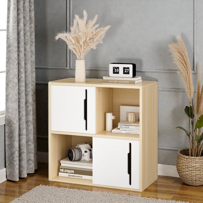 Modern Wooden Storage Cabinet with Sliding Doors, 2-Tier Open & Closed Shelves Organizer in Natural Wood and White