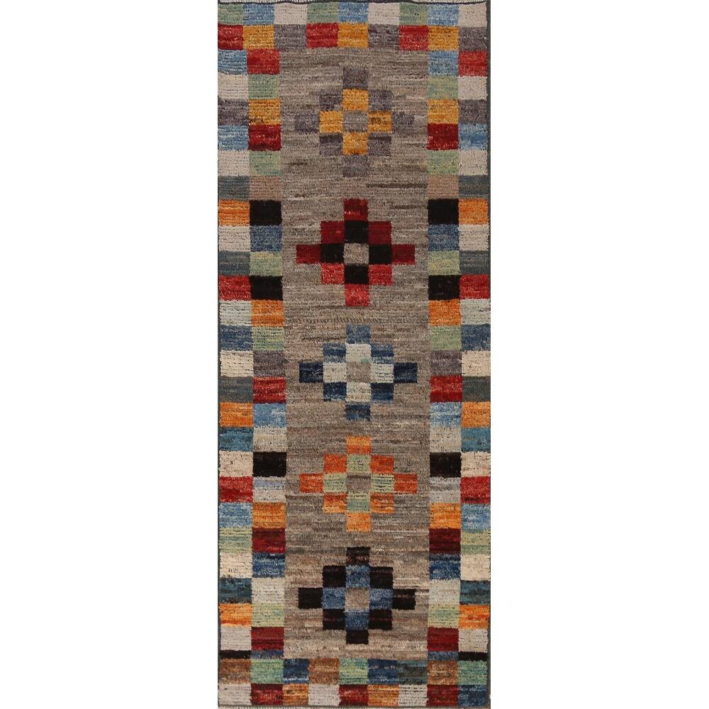 Moroccan Oriental Runner Rug Handmade Checkered Wool Carpet - 3'1" x 9'10"