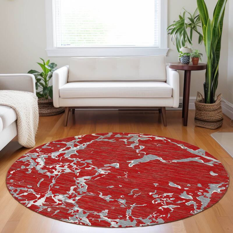 Machine Washable Indoor/ Outdoor Abstract Camo Chantille Rug - Red - 8' x 8'