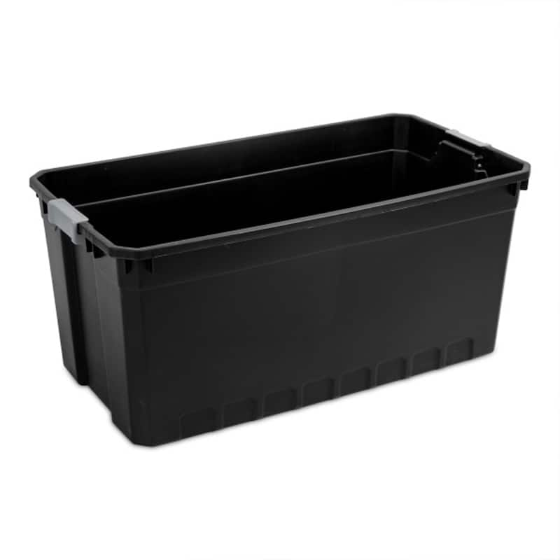Sterilite 19 Gal Rugged Industrial Stackable Storage Tote w/ Lid, Black, 6 Pack