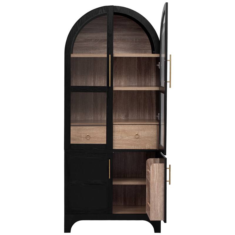 Farmhouse Arched Pantry Cabinet - 71" Tall Kitchen Storage with Adjustable Shelves, Glass Door & Hidden Drawer