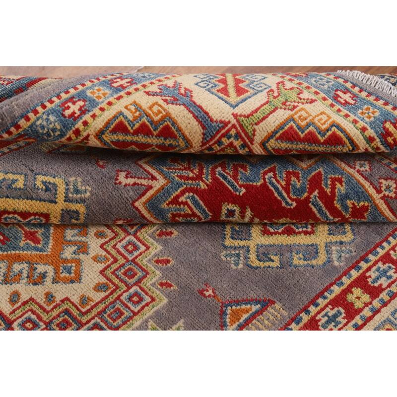 Grey Geometric Kazak Area Rug Handmade Oriental Wool Carpet - 4'1" x 6'2"