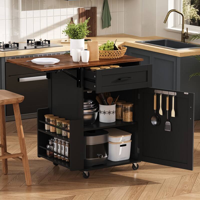 Anmytek 39.3" Farmhouse Rolling Kitchen Island with Drop Leaf, Storage, Lockable Wheels, Black - Kitchen Cart - Black