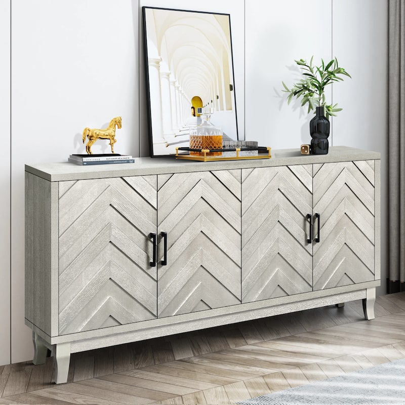 Sideboard Cabinet with 4 Doors, Kitchen Buffet Cabinet with Solid Wood Base, Coffee Bar Cabinet with Adjustable Shelves
