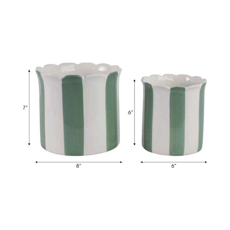 Ceramic Planter Scalloped Edge and Vertical Textured Design (Set of 2) - 8" x 8" x 7"