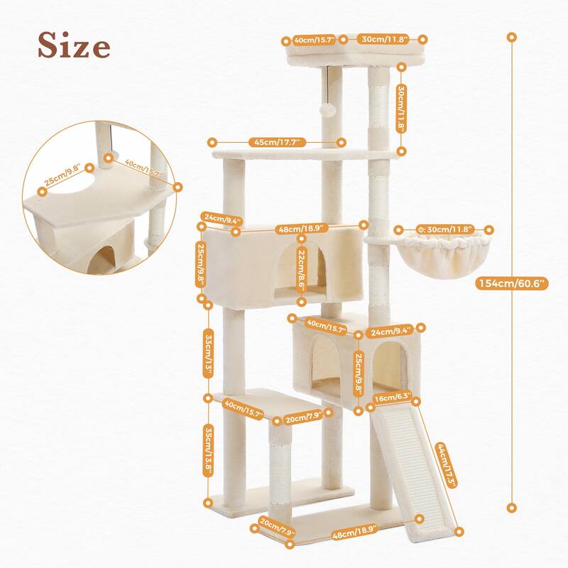 61" Indoor Large Cat Tree Cat Tower with Ladder and Dual Condos