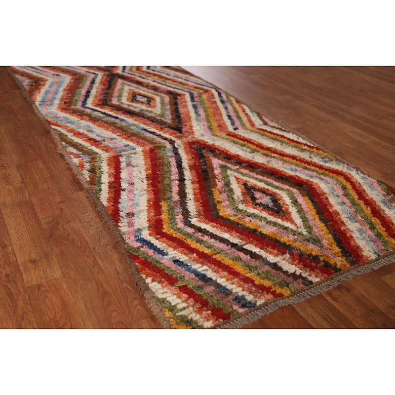 Geometric Moroccan Runner Rug Hand-Knotted Tribal Oriental Wool Carpet - 2'11" x 9'5" - 2'11" x 9'5" - Multi-Color