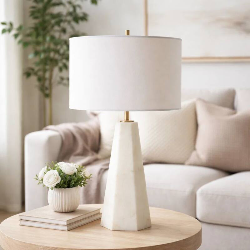 Accent Table Lamp, Cream Marble Base, Off White Linen Shade, 23 Inch