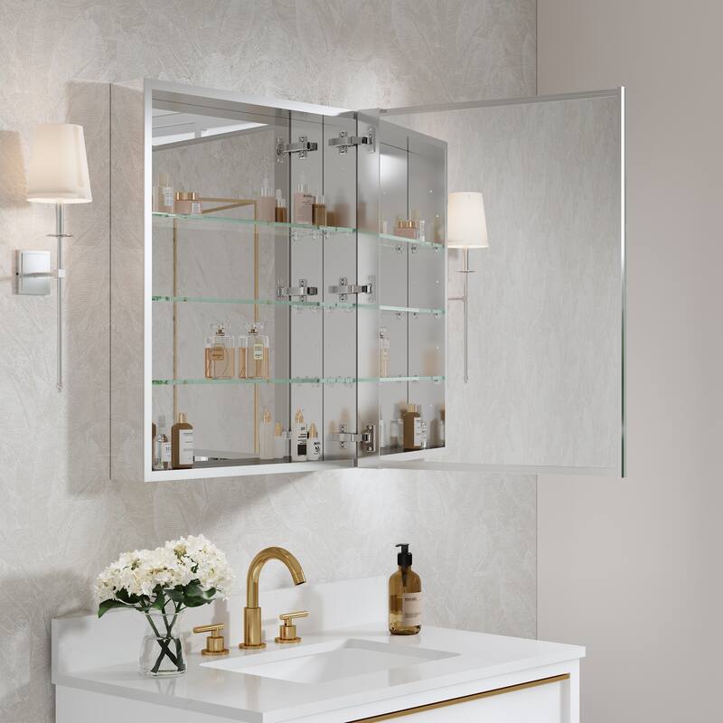 Recessed or Surface Wall Mount Bathroom Medicine Cabinet With Adjustable Glass Shelves