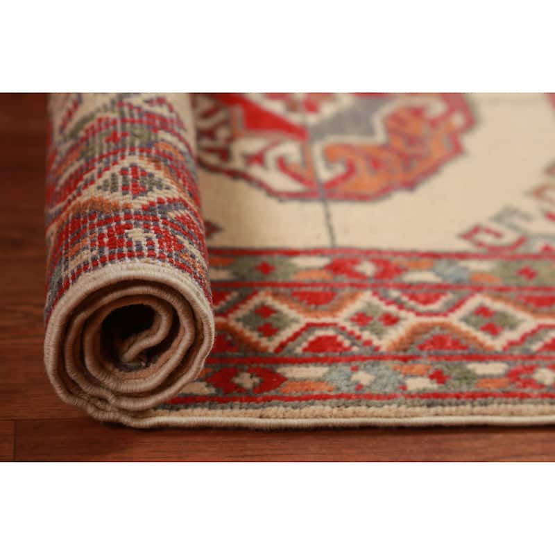 Geometric Kazak Foyer Rug Handmade Oriental Beige Wool Carpet - 2'0"x 3'0"