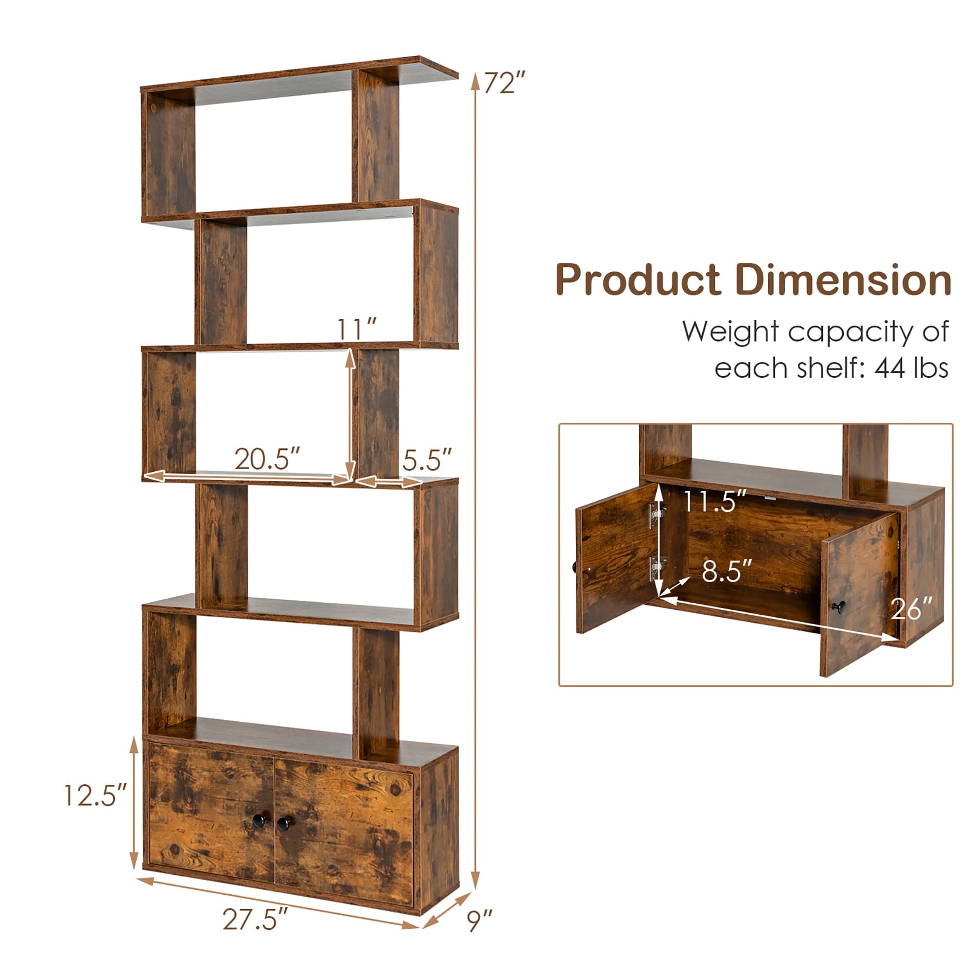 6-Tier S-Shaped Bookshelf Rustic Brown/White Storage Rack