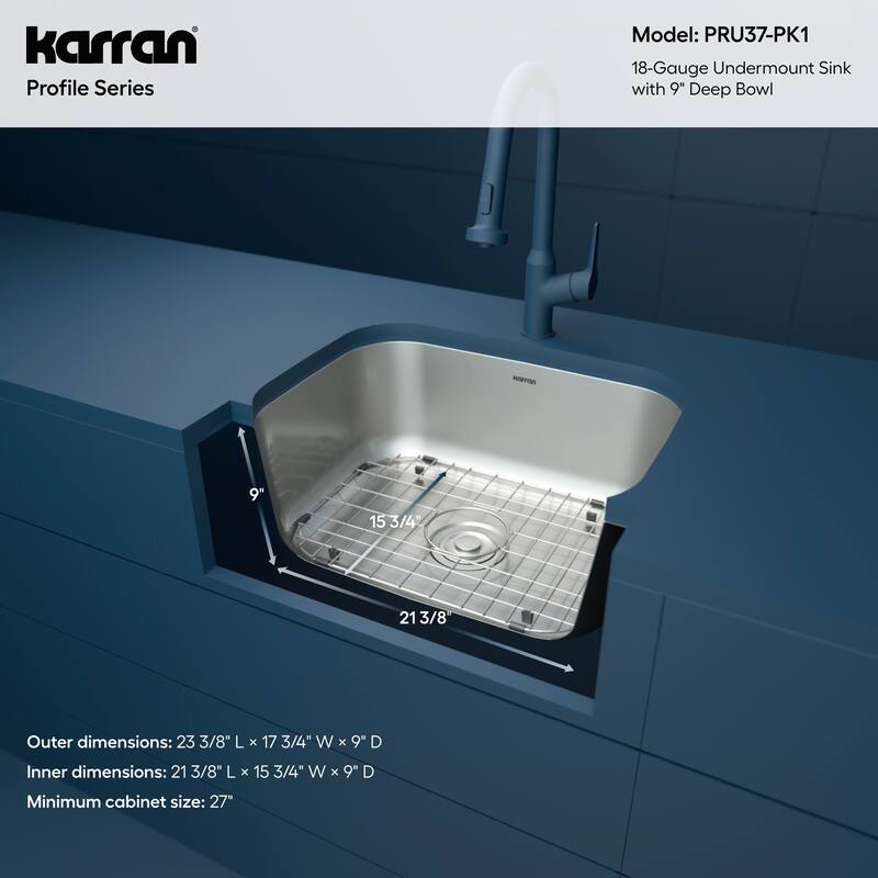 Karran Profile 23” Undermount 18 Gauge Single Bowl Stainless Steel Kitchen Sink with Accessories