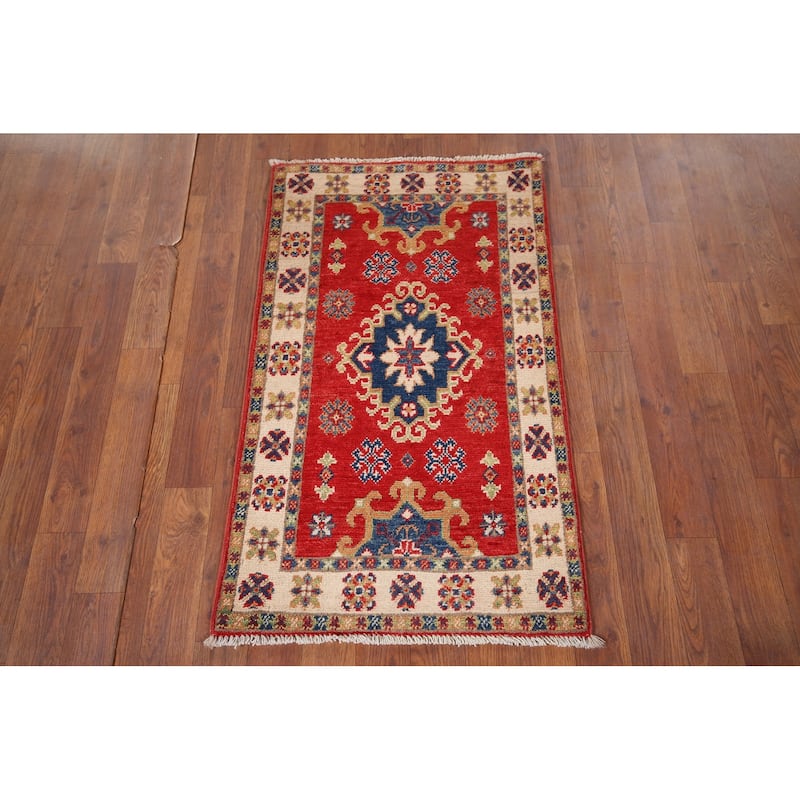 Red Geometric Kazak Foyer Rug Hand-Knotted Wool Carpet - 1'11" x 3'2"