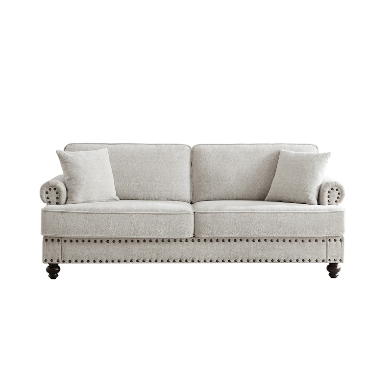 Modern Chenille Upholstered 2-Seater Sofa with Nailhead Trim and Armrests, Easy Assembly, Ideal for Living Room, White.