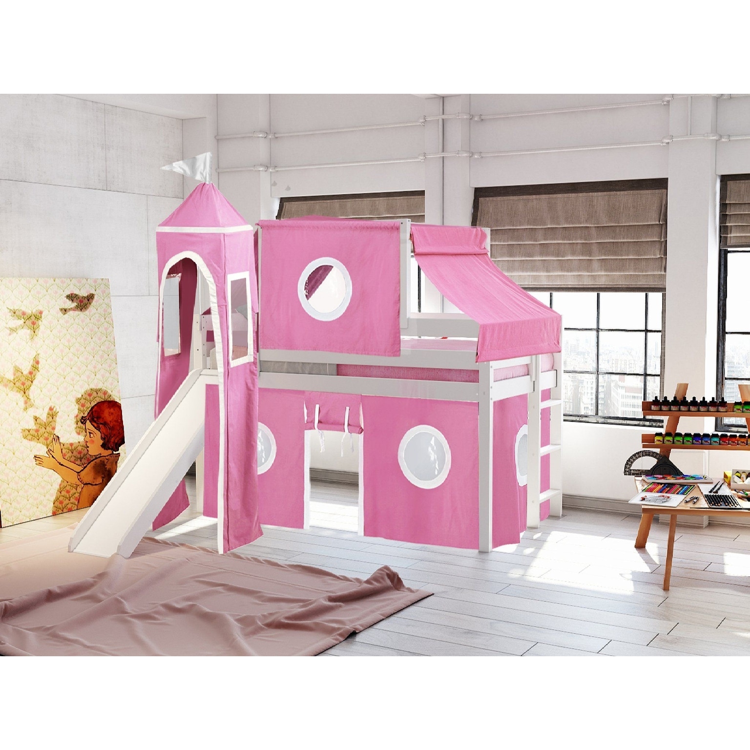 JACKPOT Prince Princess Low Loft Twin Bed Ladder Slide Tent