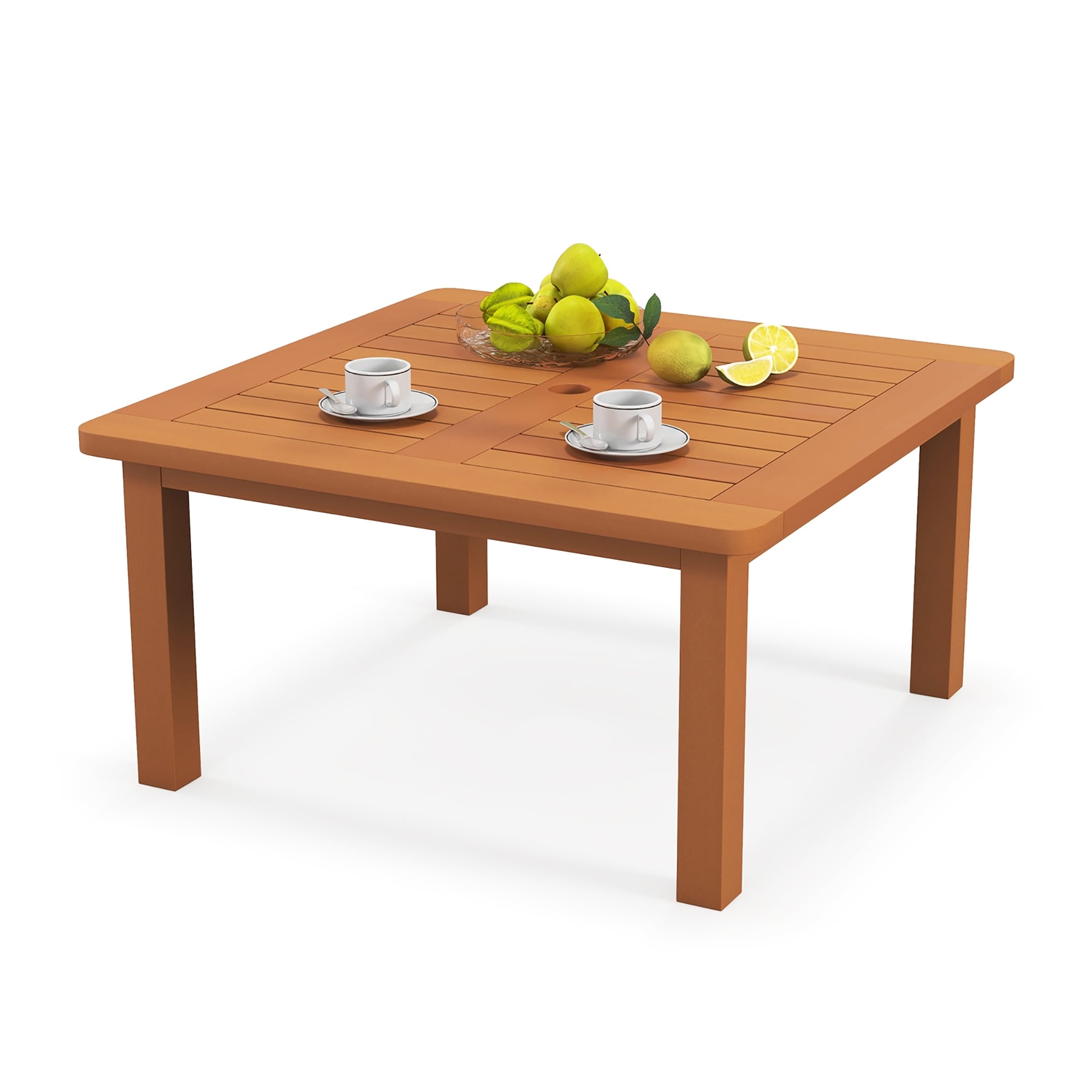 Gymax Patio Coffee Table w/ Umbrella Hole Slatted Tabletop & Teak