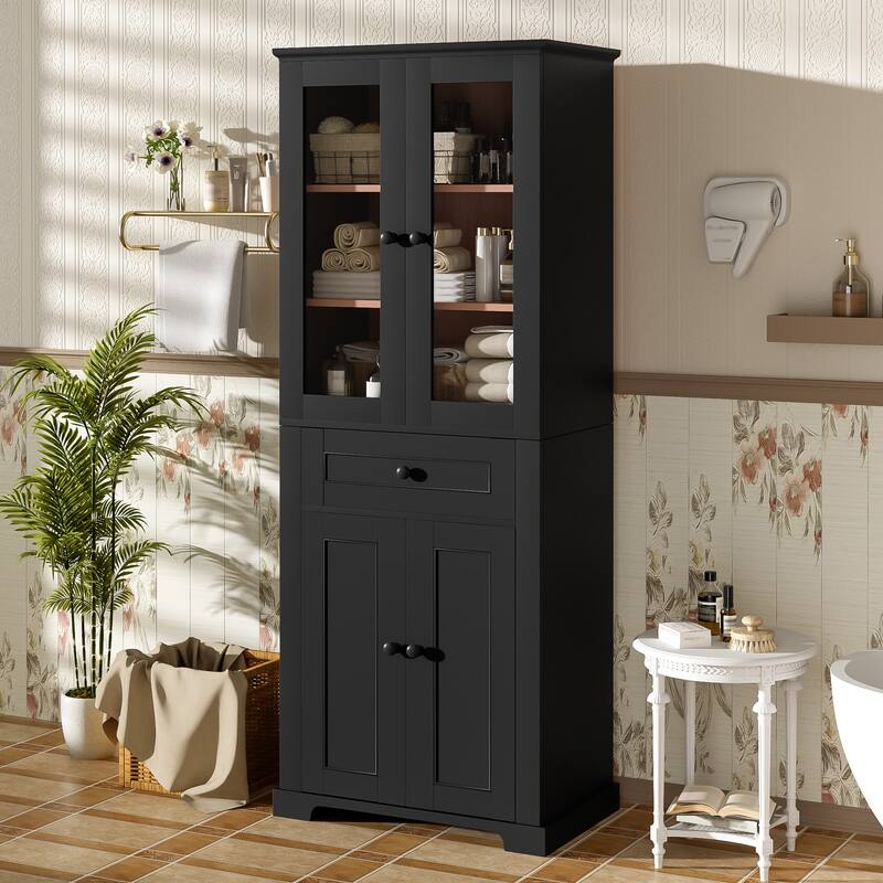 67.2"Tall Bathroom Storage Cabinet with Glass Doors, Adjustable Shelves & Drawer -Freestanding Linen Tower, Soft-Close Design