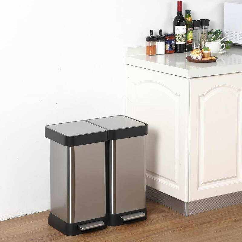 13 Gallon Step-Open Dual Trash and Recycling Bin with Soft-Close Lid, 50L(2x25L) - Silver