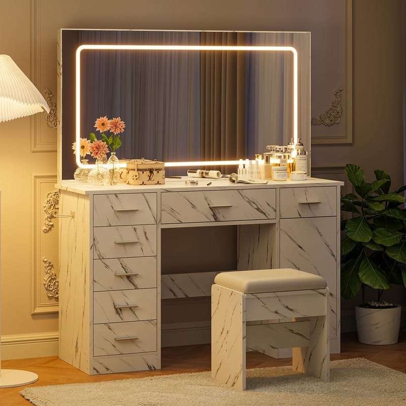 Makeup Vanity Table with Mirror, 7 Drawers, Charging Station, Holder, Stool