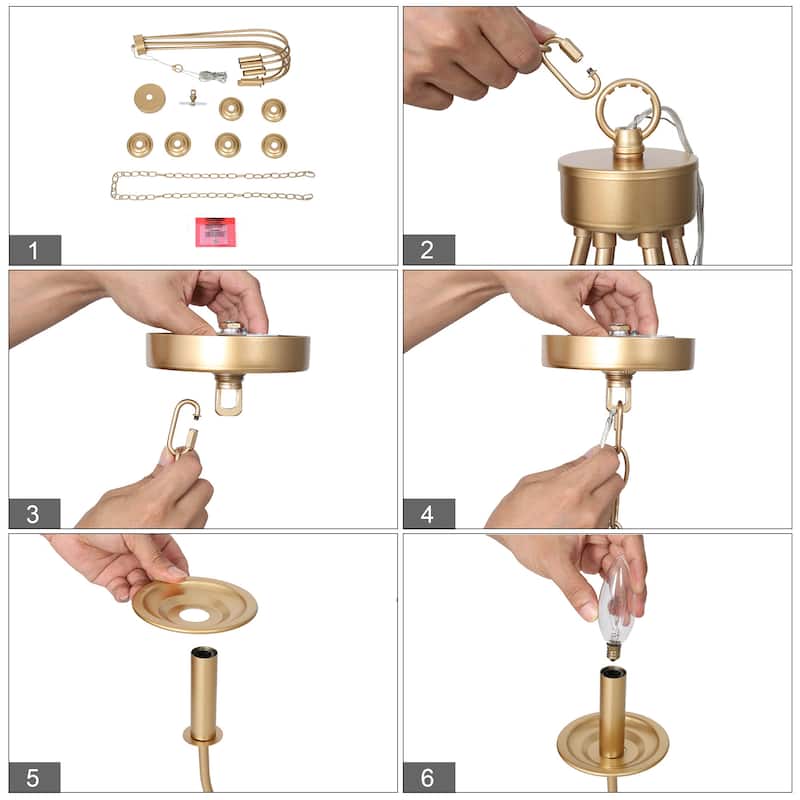 Rella Modern Farmhouse Chandelier 6-light Classic Candle Metal Dining Room Pendant - Light Gold - D28" x H24"