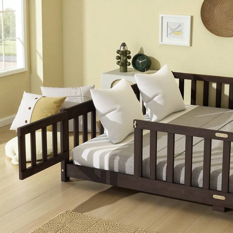 Queen Size Rubber Wood Floor Bed with Fence and Door, Montessori Platform Bed with Safety Guardrails for Kids