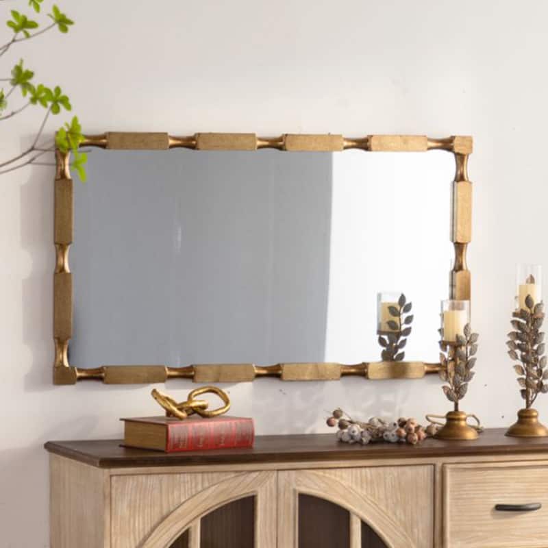 Gold Bamboo-Style Rectangular Wall Mirror - Textured Frame Decor for Living Room, Bedroom, Entryway - Gold