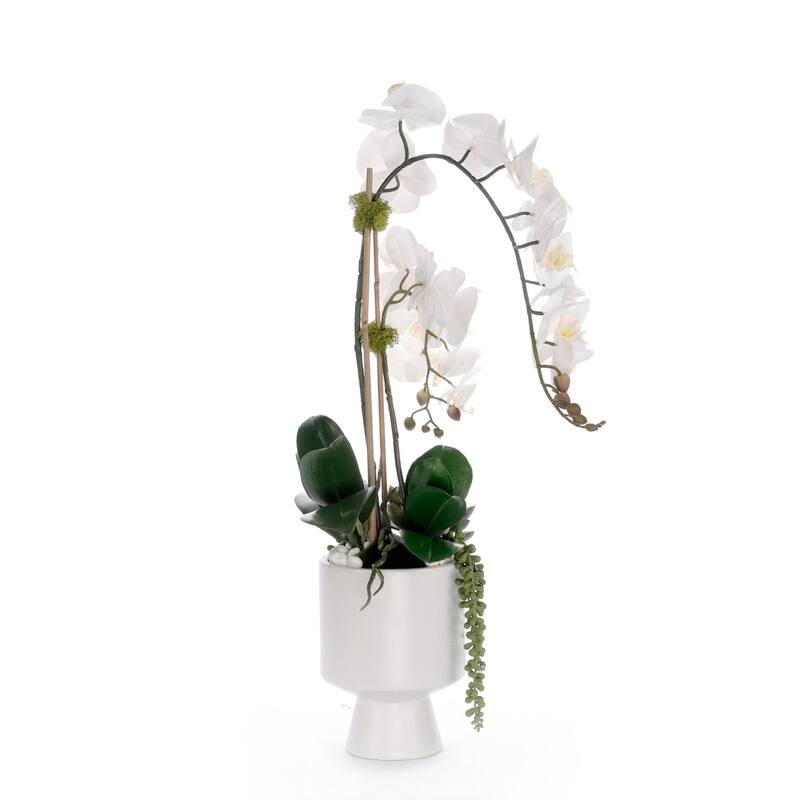Real Touch White Orchid Flower Arrangement in White Pot