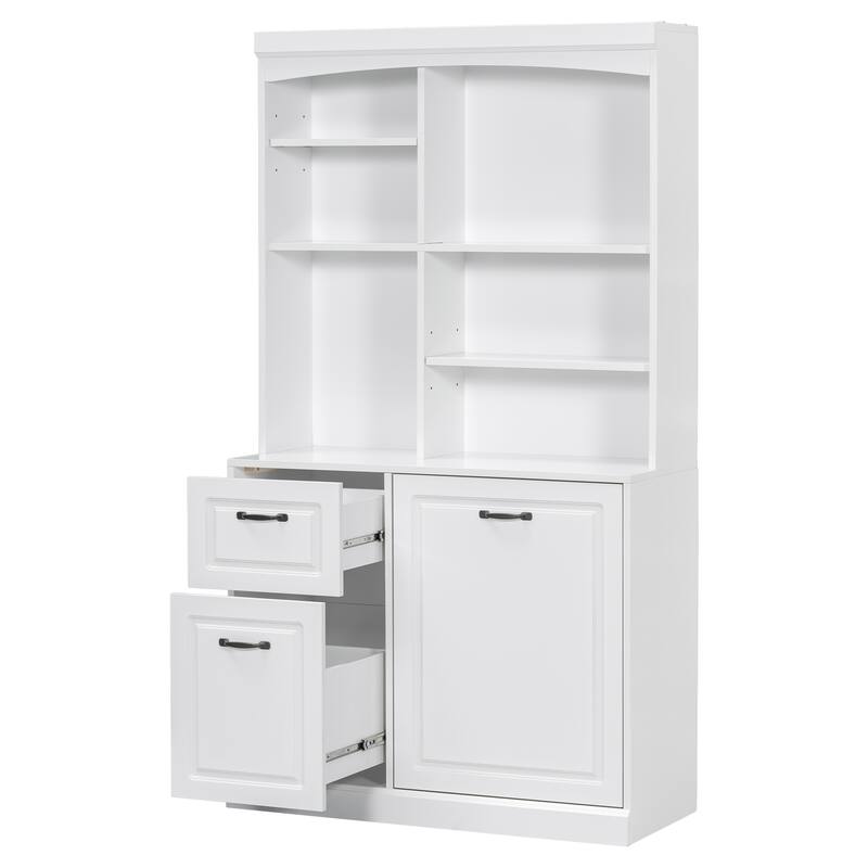 Modern Bathroom Cabinet, Freestanding Linen Tower with Slanted Storage Basket 2 Drawers and Adjustable Shelves, for Bathroom