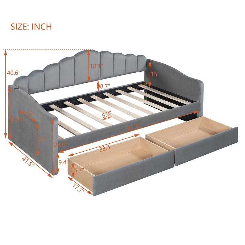 Modern Upholstered Daybed with 2 Drawers And USB Charging Ports