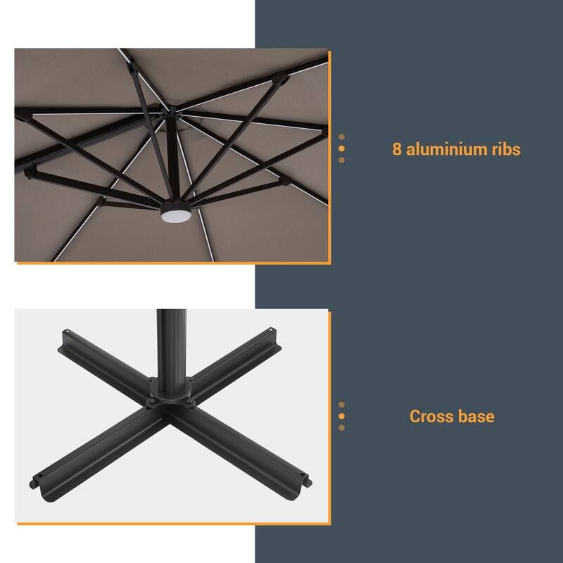 LIVOOSUN 11Ft LED Patio Hanging Octagon Cantilever Umbrella with 360-degree Rotating Canopy