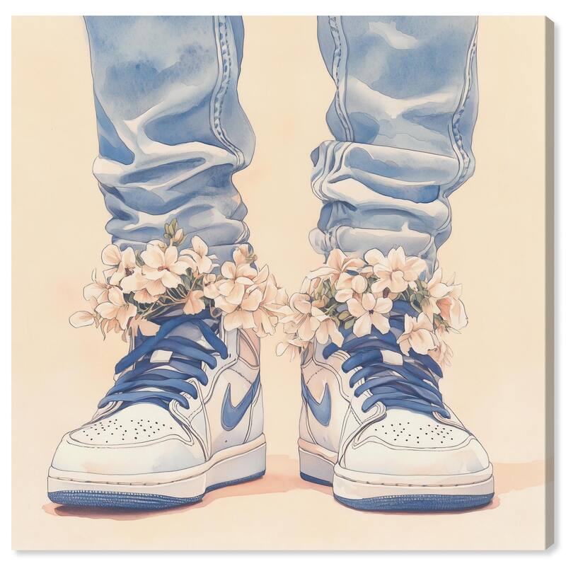 Gentle Blue Sneakers and Flowers Canvas by Art Remedy, Gallery Wrapped - 20" x 20"