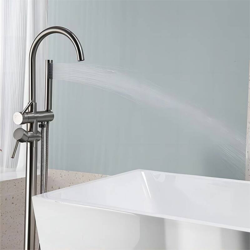KISRAIS Double Handle Floor Mounted Freestanding Tub Filler Faucet with Handshower