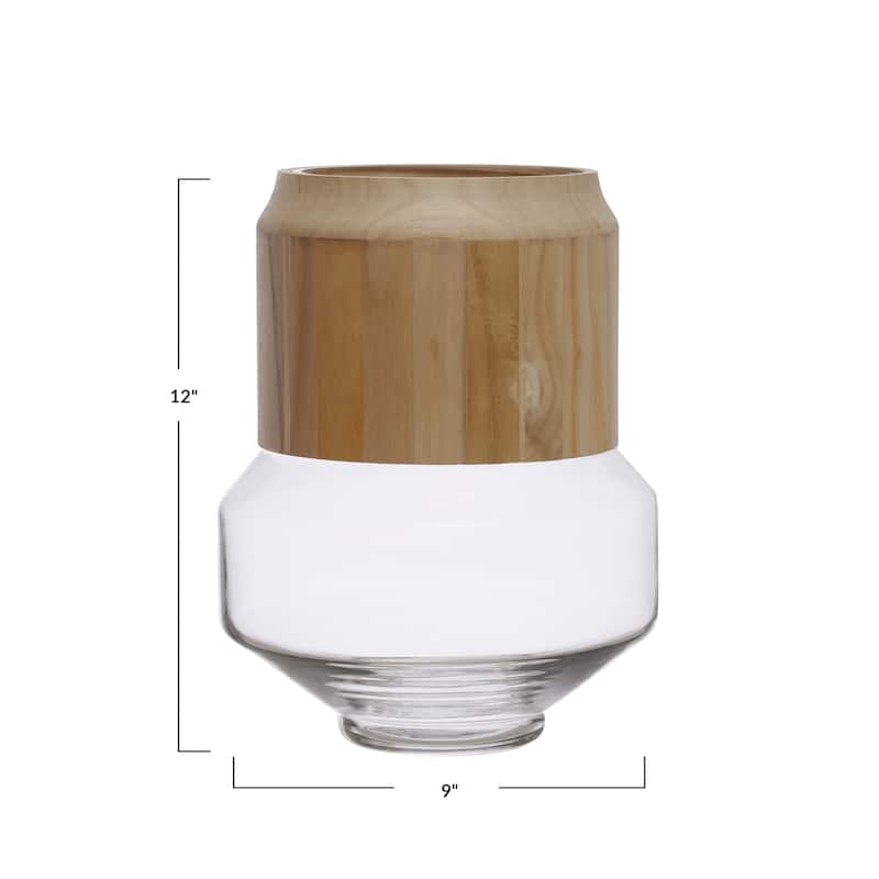 Glass Hurricane/Vase with Removable Acacia Wood Collar - 9.0"L x 9.0"W x 12.0"H