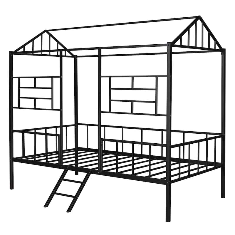 Black Twin Size Metal House Bed Frame with Slatted Support (No Box Spring Needed)