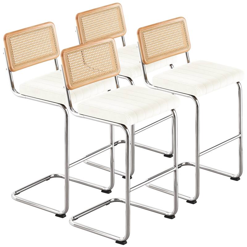 Velvet Upholstered Rattan Counter/Bar Stools, Set of 2/3 - Set of 4 - 30" White-Silver Legs