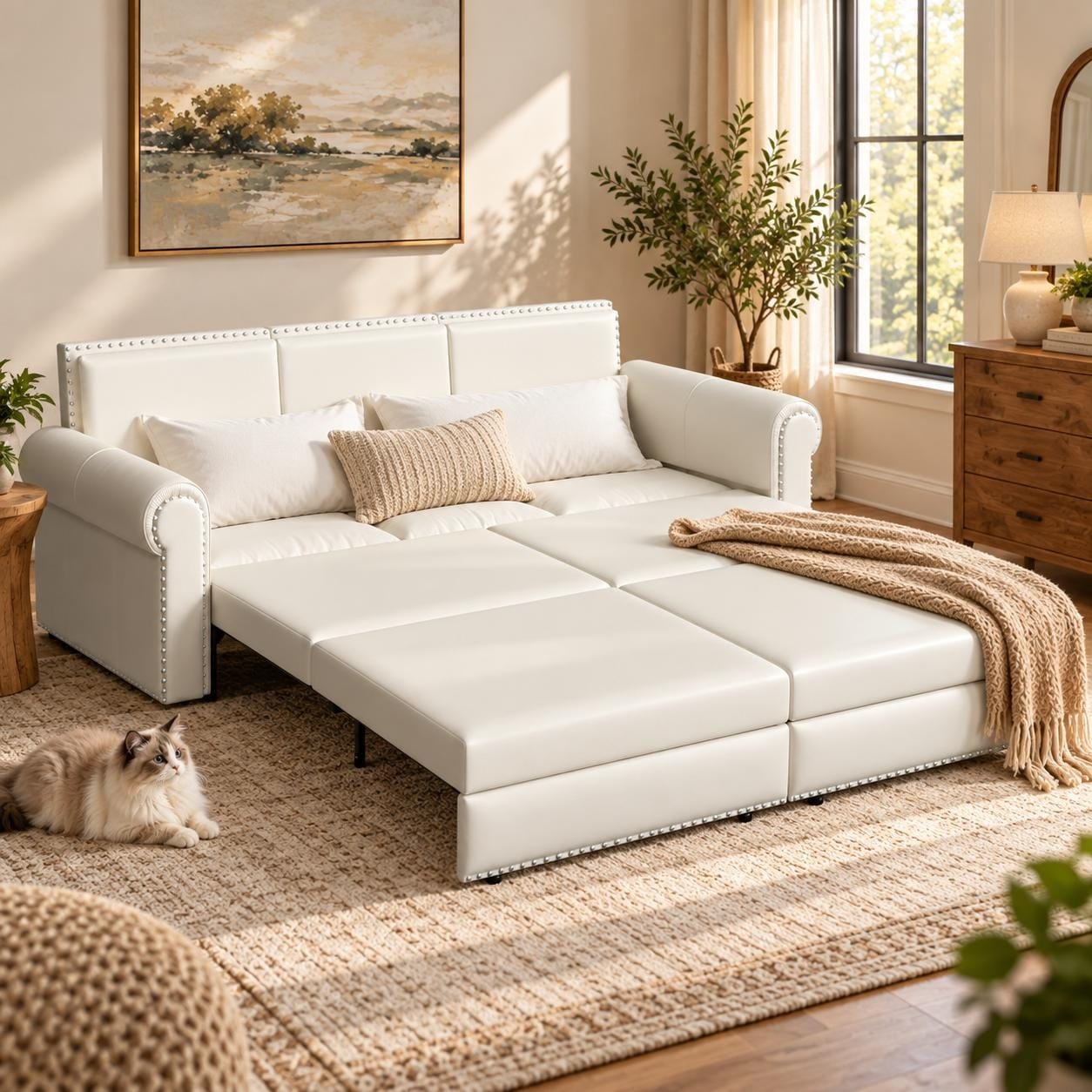 Homy Casa Faux Leather Pull-Out Sofa Bed, 3-in-1 Convert Sleeper Couch