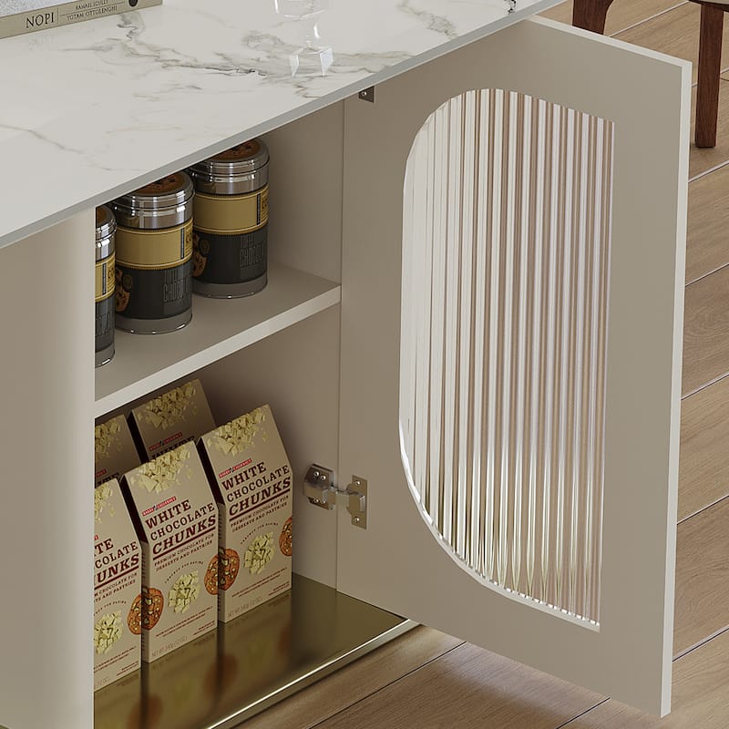 Roomfitters 63 Inch Dining Table Set with Chairs, Sintered Stone Kitchen Desk with Storage Cabinet, White & Gold