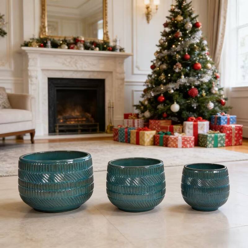 Handmade Textured Ceramic Pots for Succulents & Herbs, Indoor/Outdoor - Antique Green