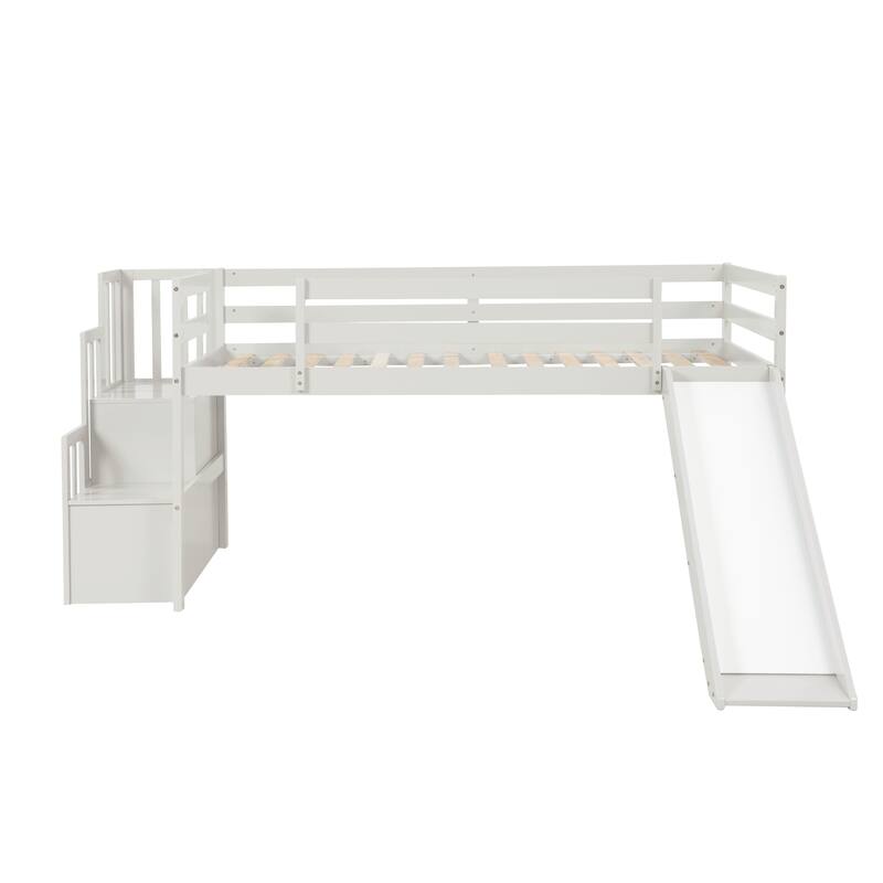 Twin Size Loft Bed, Staircase with Storage, Full-length Safety Guardrails, White