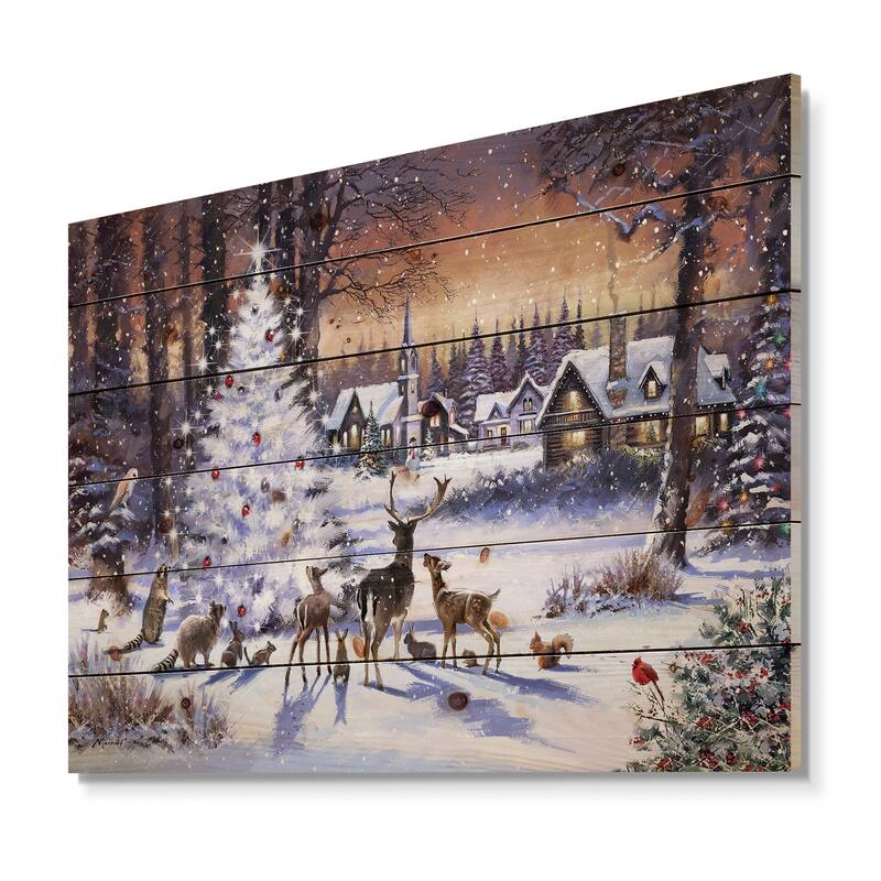 Designart 'Christmas Woods with Deer, Buck and Owl' Print on Natural Pine Wood - White