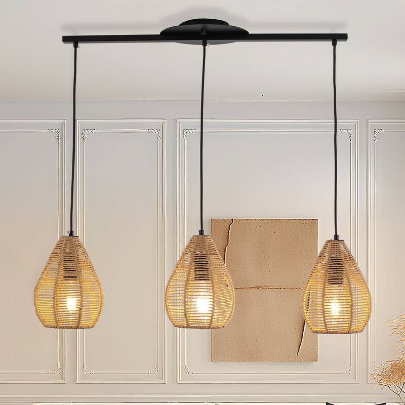 3 - Light Rattan Linear Chandelier for Dining Room, Black Metal Bohemian Style - Matte Black - Matte Black