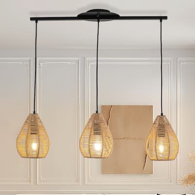 3 - Light Rattan Linear Chandelier for Dining Room, Black Metal Bohemian Style - Matte Black