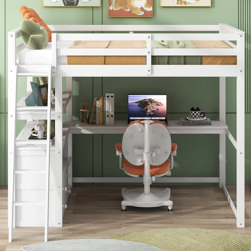 White Modern Pine Wood Loft Bed with Desk, Shelves, and Two Built-in Drawers