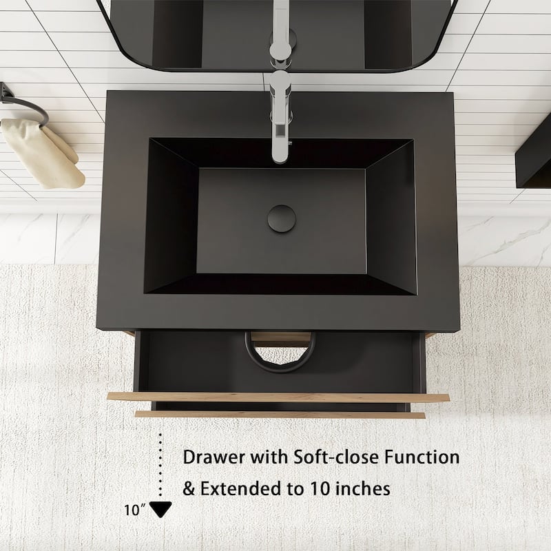 24/30/36 inch Wall-Mounted Bathroom Vanity Set in F. Oak with Integrated Black Resin Sink