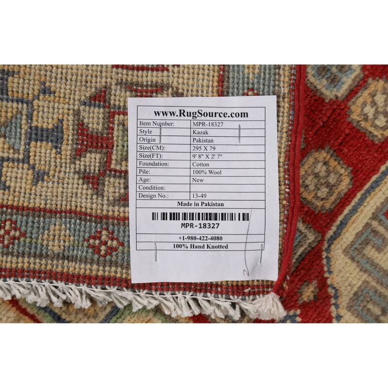 Red Kazak Runner Rug Hand-Knotted Oriental Wool Carpet - 2'7" x 9'8"