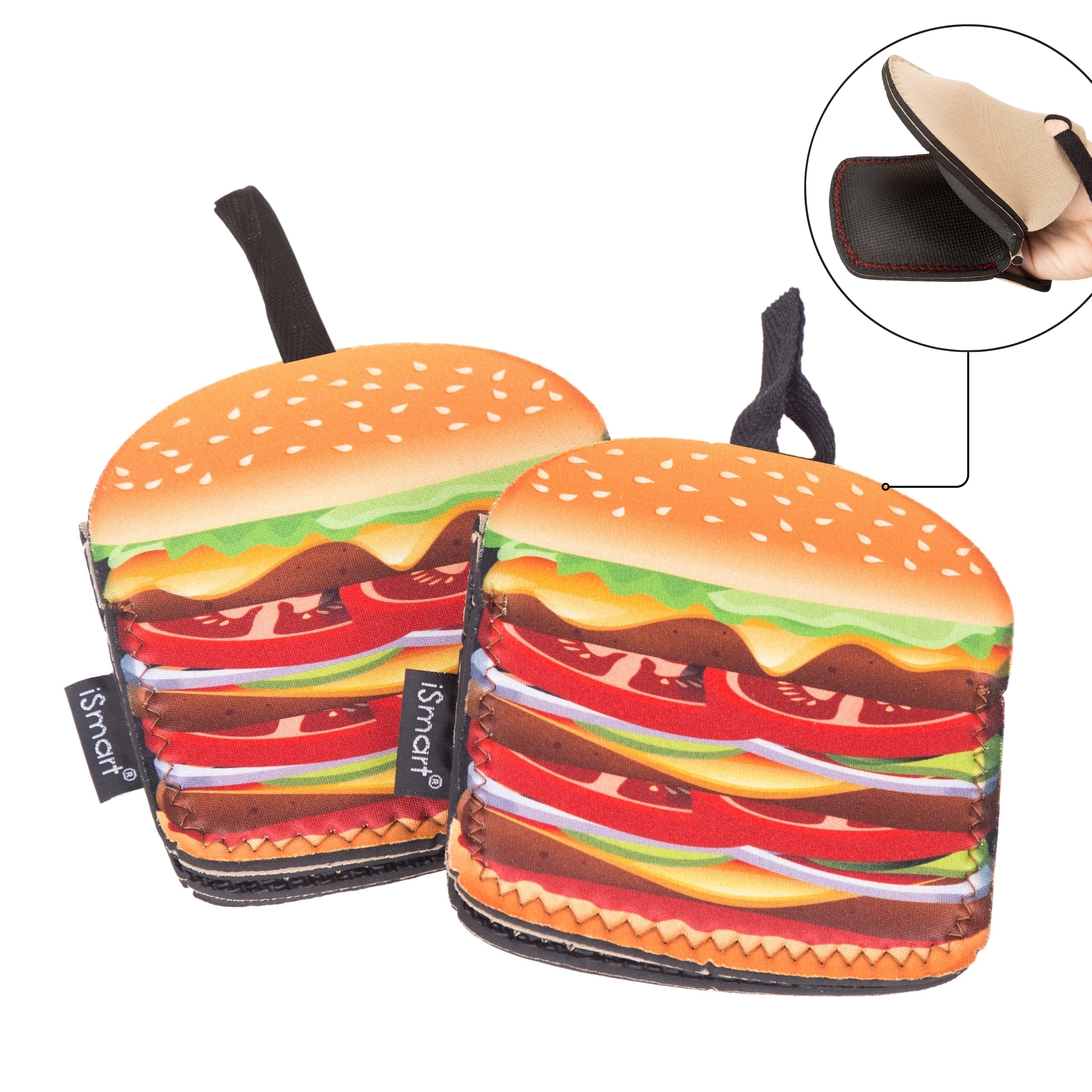 Creative Home Set of 2 Neoprene Heat-Resistant Oven Mitts, Hamburger Design Pot Holders